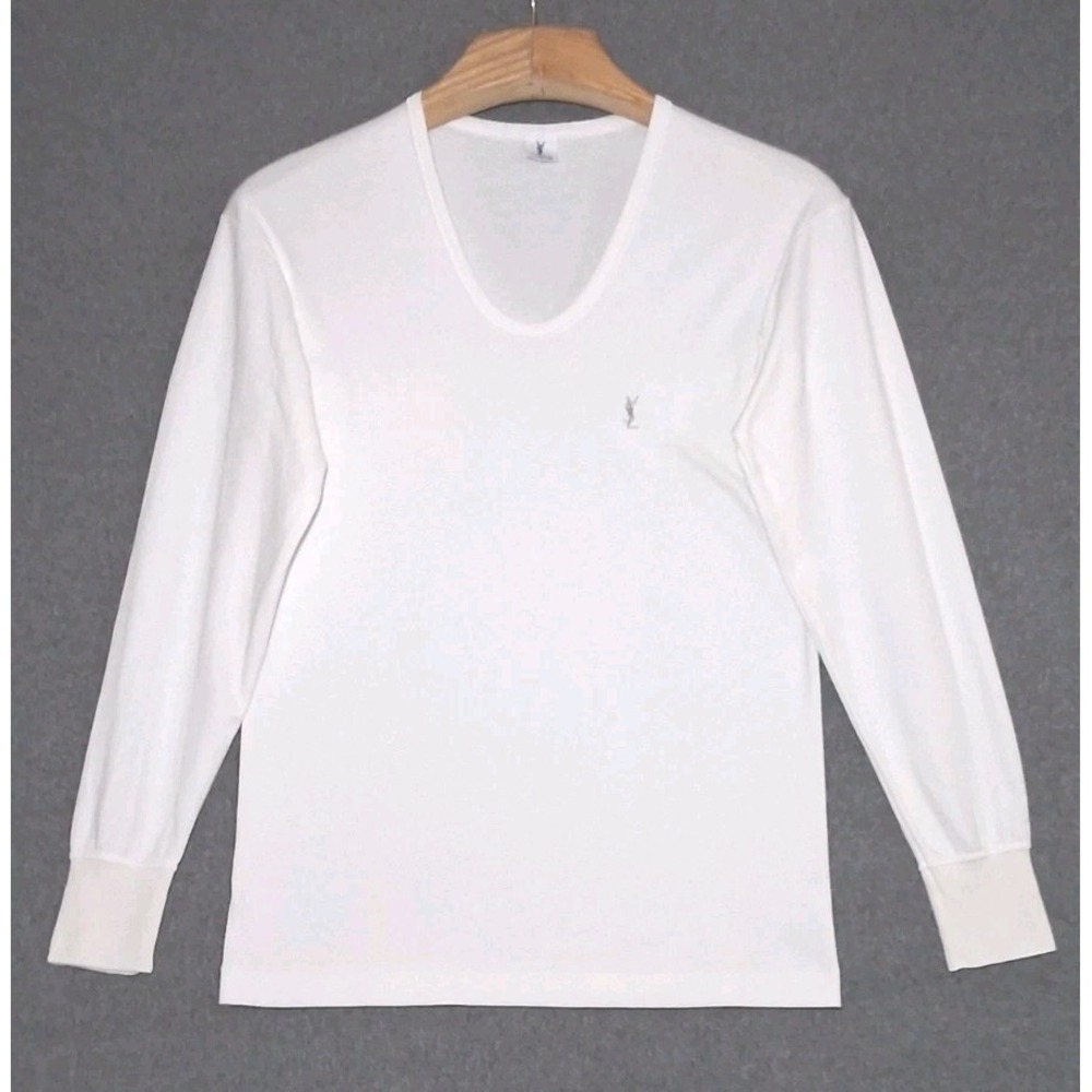 YSL YVES SAINT LAURENT 90s White T-Shirt Long Sleeves V-Neck Size L 36-38 VTG